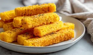 Knusprige polenta sticks, goldbraun gebacken und mit Kräutern bestreut, liegen auf einem Teller.
