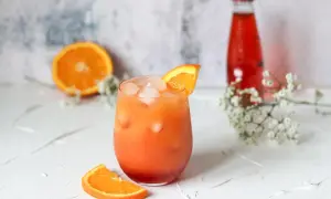 Ein Glas Aperitif mit Eis und Orangenscheibe, daneben eine halbe Orange und eine rote Flasche.