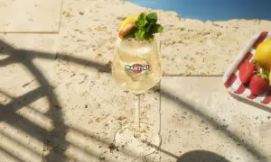Erfrischender Martini Bianco mit Erdbeere, Zitrone und Minze. Perfekt für sommerliche Martini Bianco Rezepte am Pool.