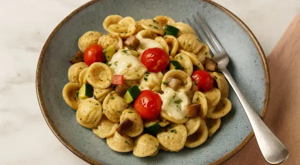 Orecchiette-Nudeln mit Kirschtomaten, Zucchini und geschmolzenem Käse. Ein köstliches Gericht, das zu den besten Orecchiette Rezepten zählt.