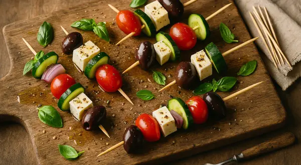 Antipasti-Spieße mit Tomaten, Gurken, Feta und Oliven auf Holzbrett.