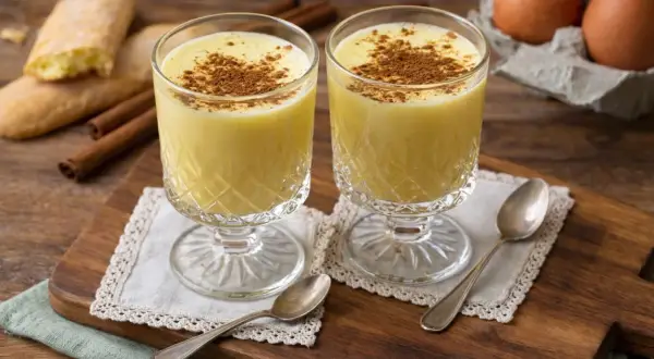 Zwei Gläser cremiges Zabaione ohne Alkohol, bestreut mit Zimt. Dazu Savoiardi-Kekse und Zimtstangen.