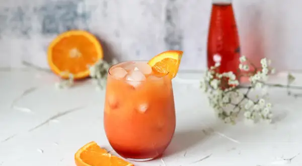 Ein Glas Aperitif mit Eis und Orangenscheibe, daneben eine halbe Orange und eine rote Flasche.