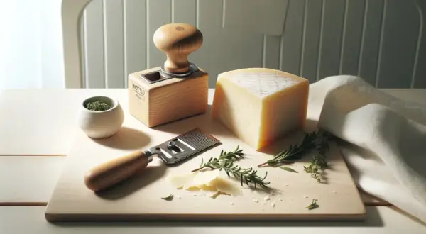 Ein Stück Parmesan liegt bereit, daneben ein Hobel und Kräuter. Perfekt für vegetarische Gerichte.