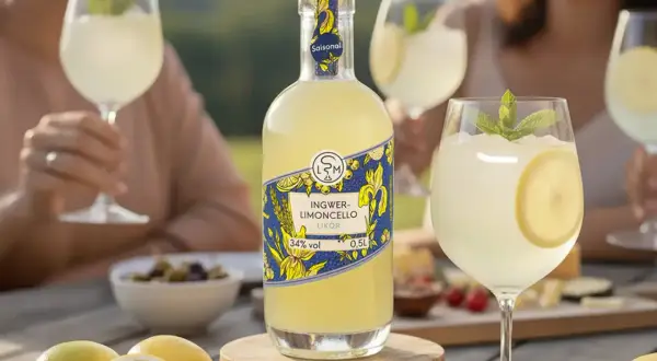 Flasche Ingwer-Limoncello mit Gläsern, Zitronen und Minze auf Holztisch.