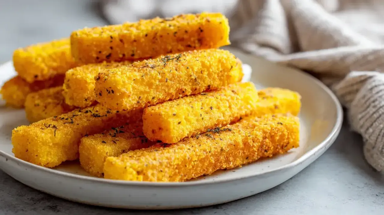 Knusprige polenta sticks, goldbraun gebacken und mit Kräutern bestreut, liegen auf einem Teller.