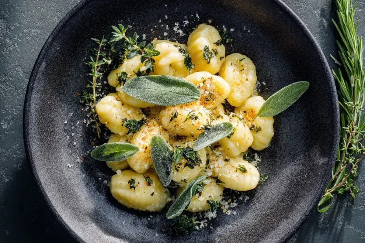 Salbei Gnocchi mit frischen Kräutern und Parmesan bestreut, serviert auf einem dunklen Teller.