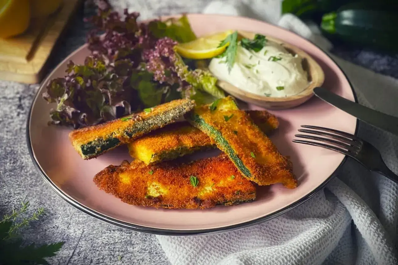 Knusprig panierte Zucchini-Sticks mit Dip, Salat und Zitrone. Ein leckerer Snack für zwischendurch.