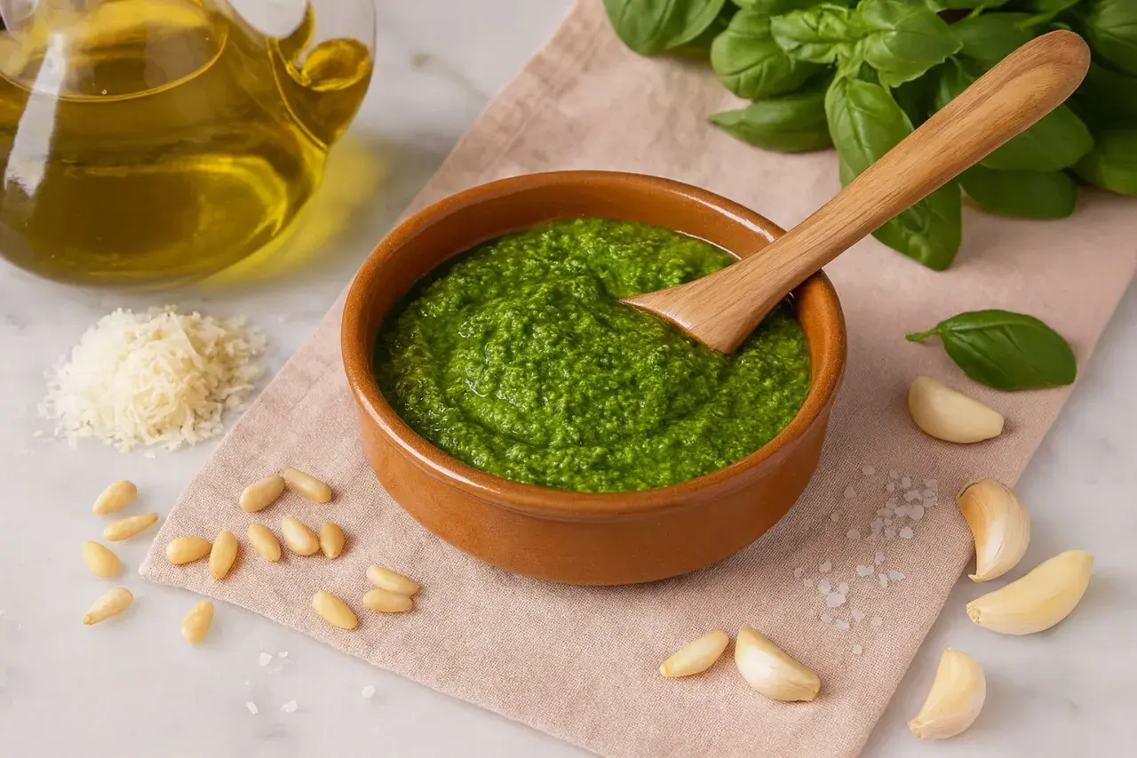 Frisches **Pesto Genovese** in einer Schale, umgeben von Pinienkernen, Parmesan, Knoblauch, Basilikum und Olivenöl.