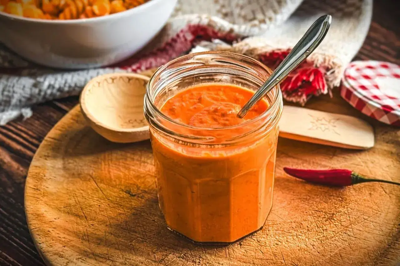 Ein Glas mit leuchtend rotem calabrese pesto, bereit, Pasta zu verfeinern. Ein Löffel ruht darin, daneben eine Chilischote.