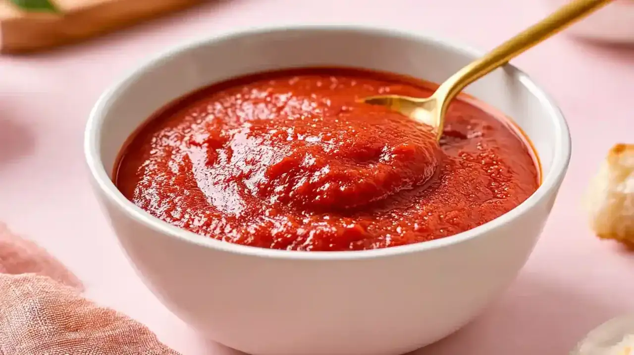 Eine Schüssel mit leckerer, cremiger pizza sauce wie in der pizzeria. Eine goldene Löffelspitze ragt heraus.