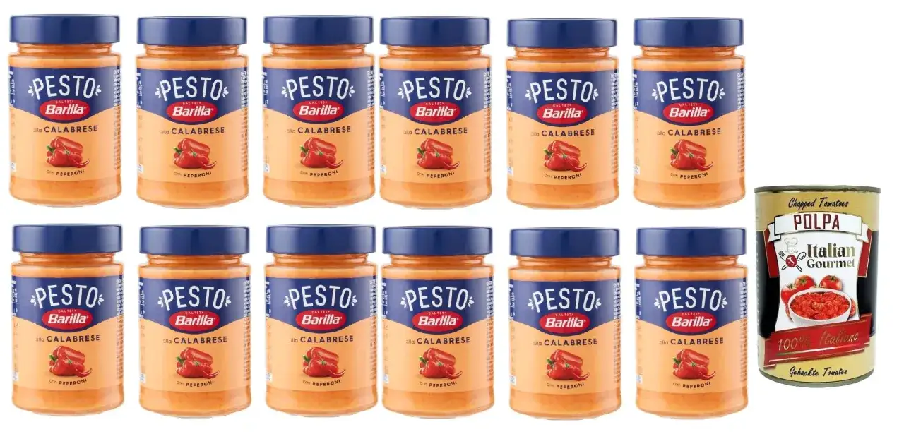 Zwölf Gläser Barilla Pesto alla Calabrese mit Peperoni und eine Dose gehackte Tomaten.