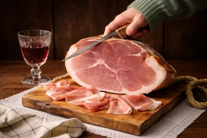 Ein Messer schneidet Prosciutto von einem Schinken auf einem Holzbrett. Daneben ein Glas Rotwein.